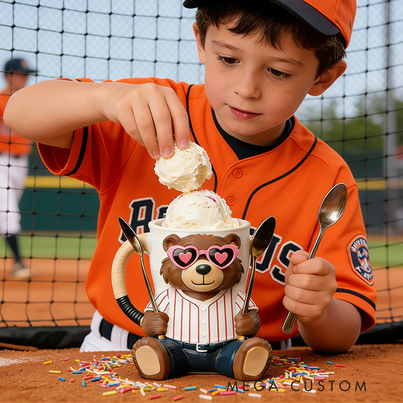 Personalized Baseball Mascot Bear Ice Cream Pint Holder with Adorable Heart Sunglasses 3D Printed with Spoon Slots & Snack Drawer for Baseball and Ice Cream Enthusiasts