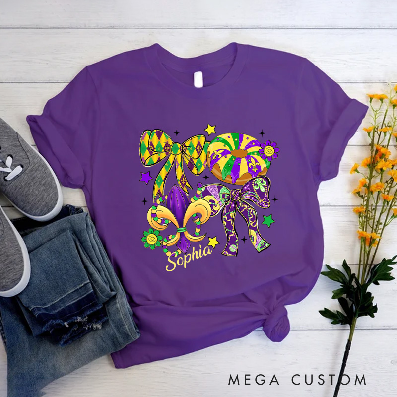 Personalized Mardi Gras Coquette Classic T-Shirts Preppy Bow King Cake Coquette Tee with Name Shirt for Donut Lover Baker Baking Lover