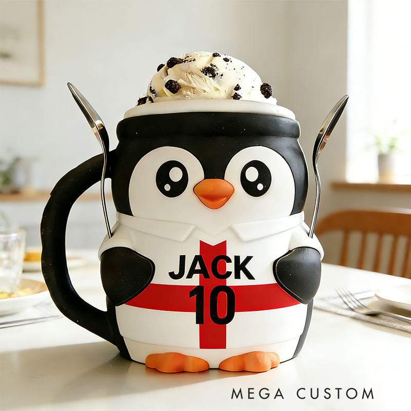 Personalized Soccer World Cup Penguin Ice Cream Pint Holder 3D Printed with Spoon Slots & Snack Drawer with Custom Details for Soccer Fans
