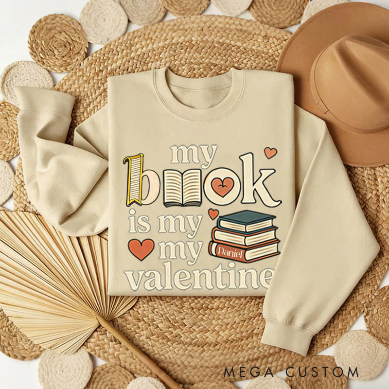 Personalized My Book is My Valentine Sweatshirt Retro Book Sweatshirt with Name Valentines Day Gift for Book Lover Reader Girlfriend Wife Women