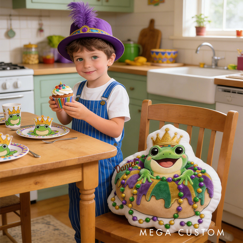 Personalized Mardi Gras Donut Frog Crown Throw Pillow Graphic 3D King Cake Animal Pillow with Name for Kids Baking Lover Mardi Gras Gift