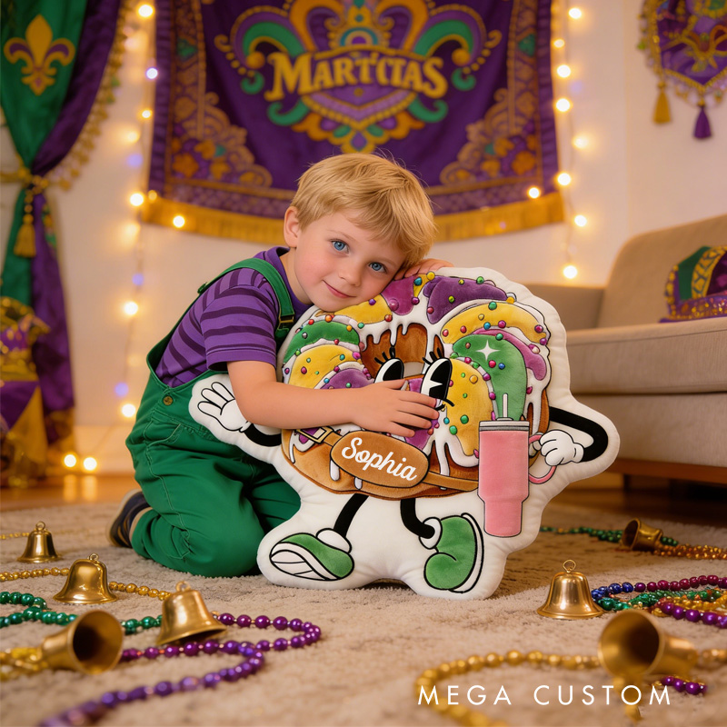 Personalized King Cake Mardi Gras Throw Pillow Graphic 3D Print Donut with Tumbler Pillow with Name for Kids Book Lover Mardi Gras Gift