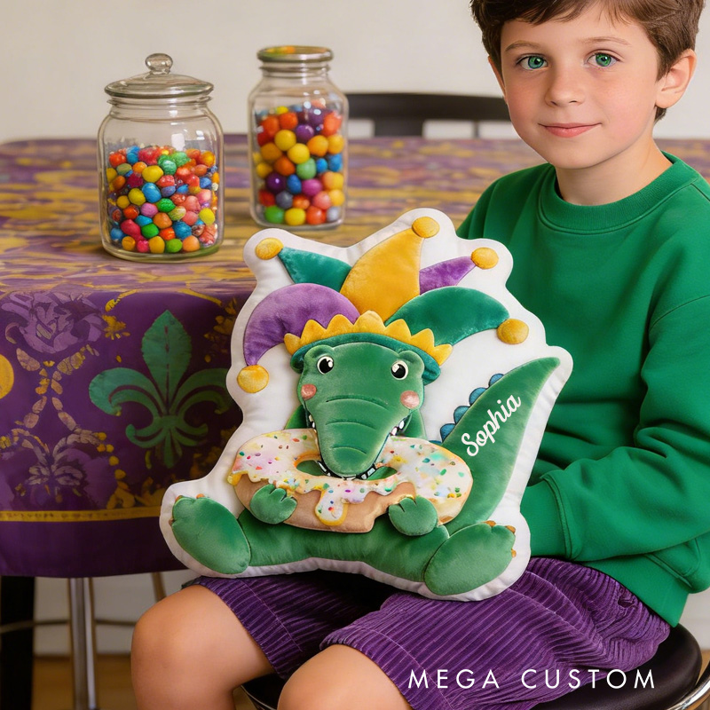 Personalized Mardi Gras Alligator Throw Pillow Graphic 3D Print Donut Pillow with Name for Boyfriend Girlfriend Baking Lover Mardi Gras Gift