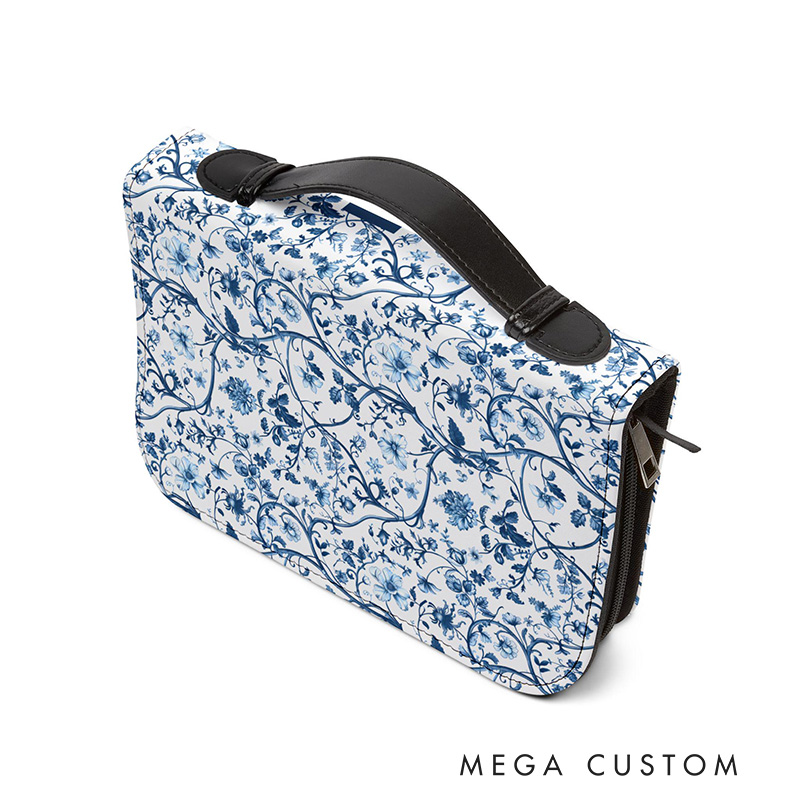 Personalized Floral PU Leather Bible Cover Case with Custom Name and Carry Handle Elegant Toile Design Religious Birthday Gift for Christian Women