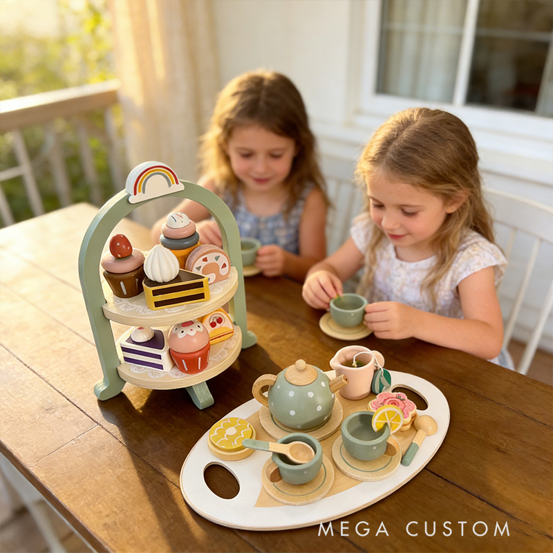 Personalized Kids Tea Party Set Custom Name Pretend Play Toy Adorable Wooden Tea Party Set for Creative Fun