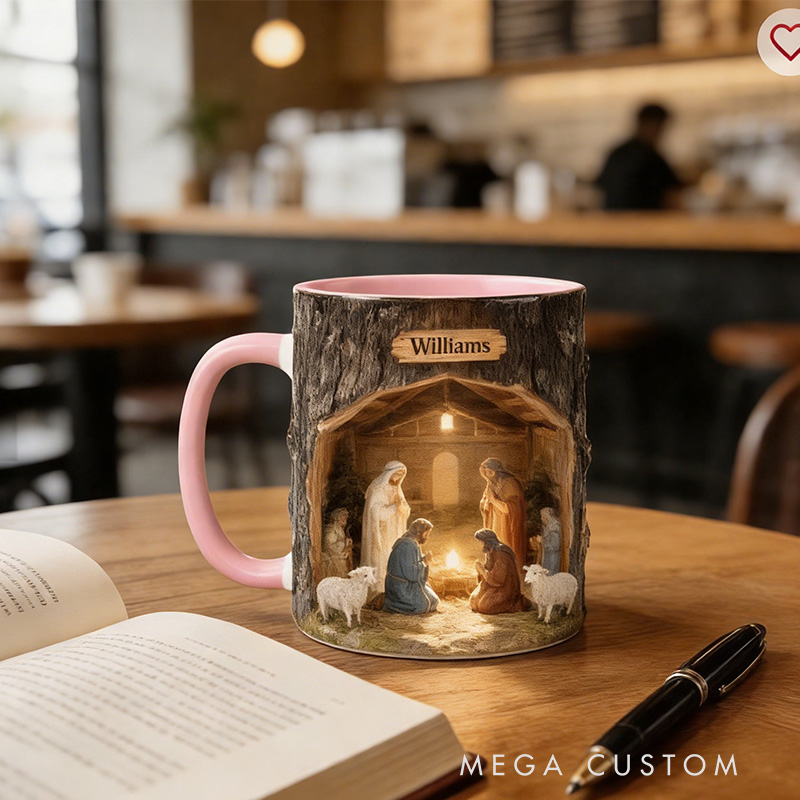Personalized Nativity Scene 11oz Ceramic Mug with Custom Name Wood Textured Coffee Mug Religious Christian Gift Christmas Gift