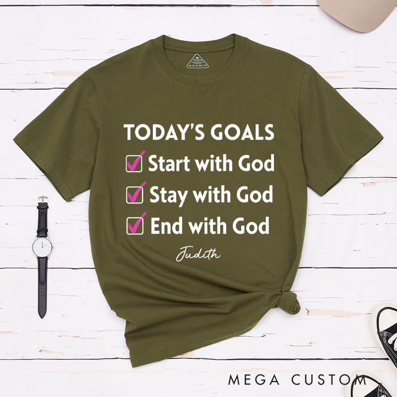 Personalized Today‘s Goals Start with God Classic T-Shirt with Custom Name Christian Unisex Shirt God Goals Tee Religious Gift