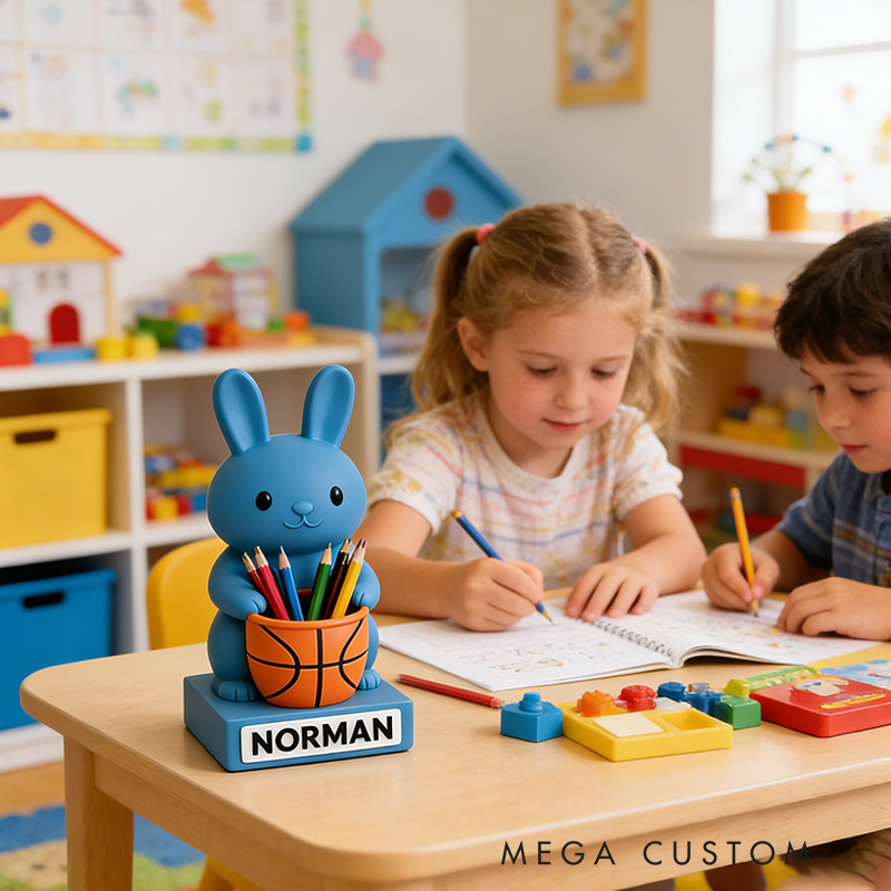 Personalized Basketball Bunny 3D Printed Pen Holder with Custom Name for Kids and Students