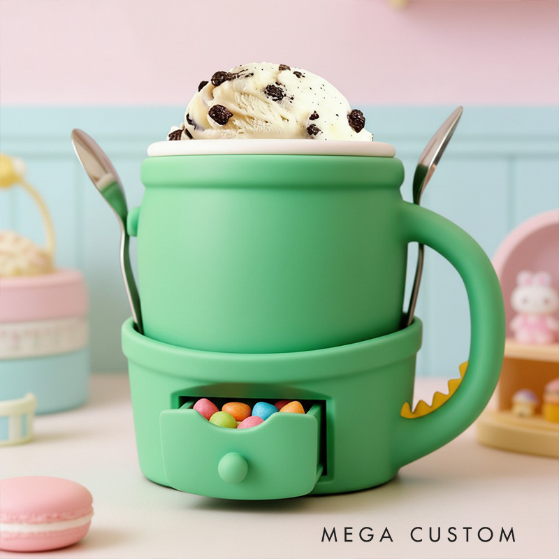 Personalized Adorable Dinosaur Ice Cream Cozy Pint Holder 3D Printed with Spoon Slots & Snack Drawer for Mom Kids Ice Cream Lover
