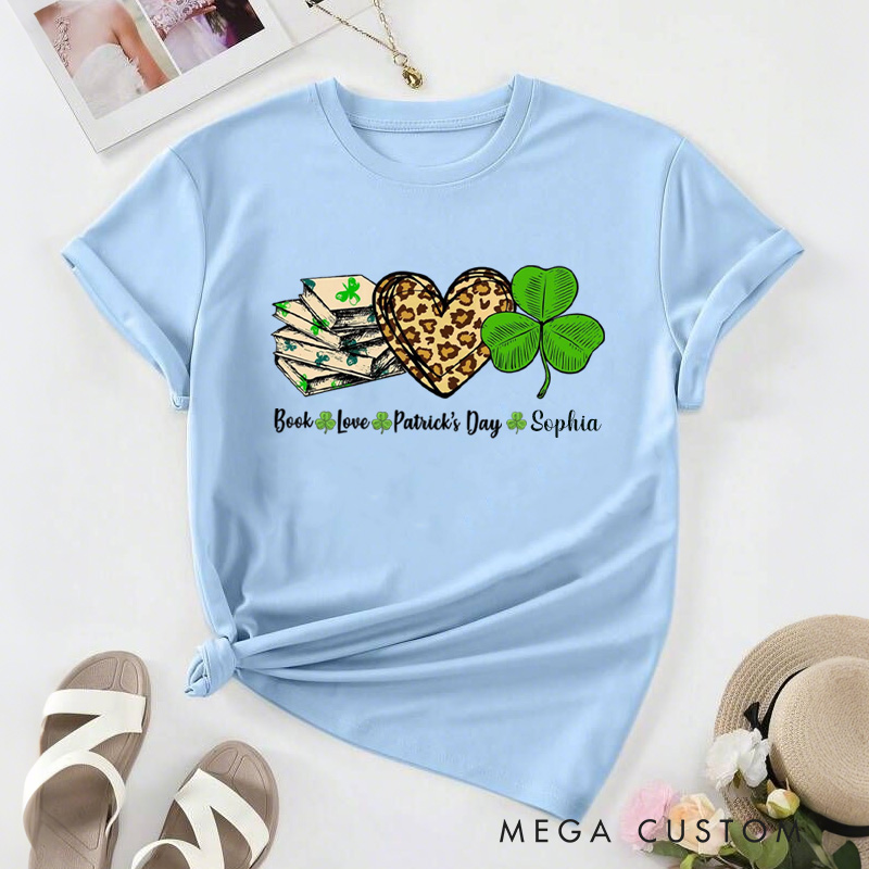 Personalized Book Lover St. Patrick's Day Classic T-Shirts Irish Shamrock Reading Shirt with Name for Book Lover Bookworm Girlfriend Wife Women Gift