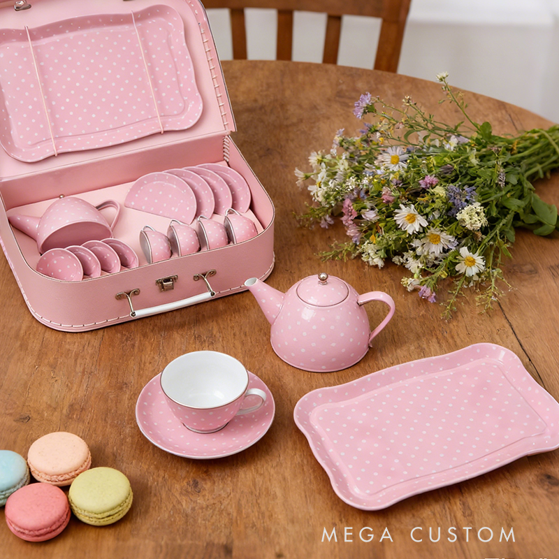 Personalized 15 Piece Tin Tea Set Custom Name Pretend Play Tea Party Toy for Kids Adorable Role-Playing Fun