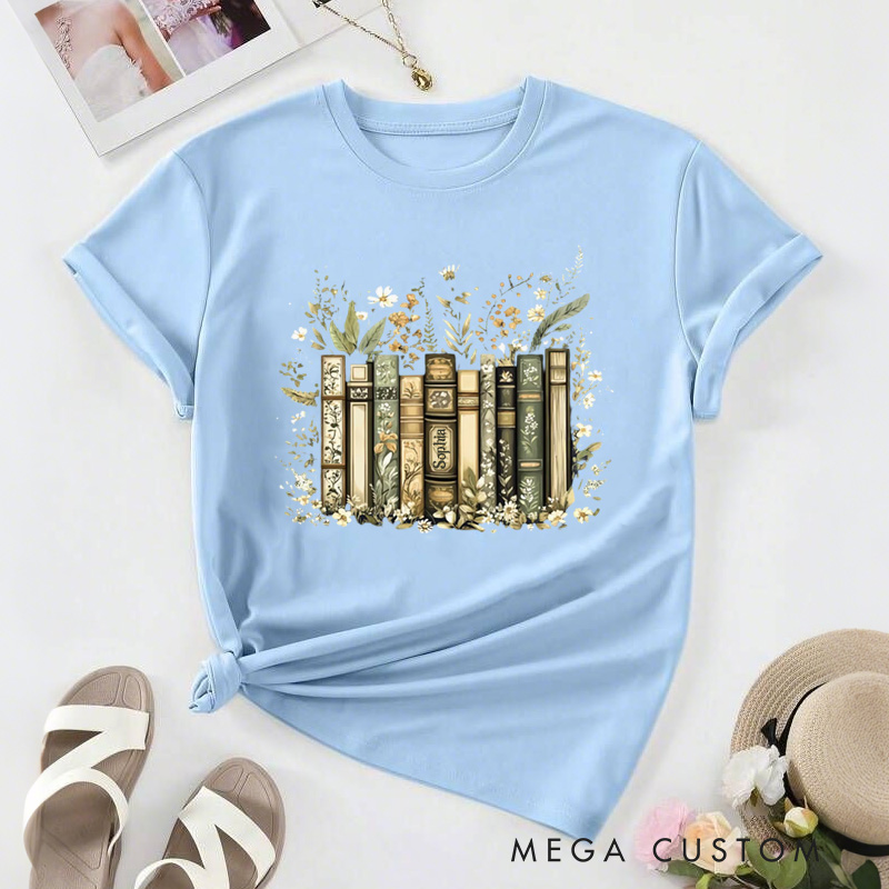 Personalized Flower Books Classic T-Shirts Floral Book Shirt with Name Librarian Tee for Book Lover Bookworm Girlfriend Wife Women Gift