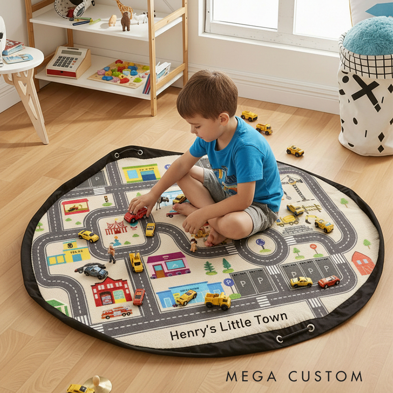 Personalized Car Themed Play Mat & Toy Storage Bag Custom Name 2-in-1 Activity Blanket for Kids