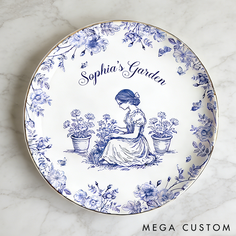 Personalized Garden Lover Kneeling Gardener Silhouette Chinoiserie Toile De Jouy Style Round Ring Dishes