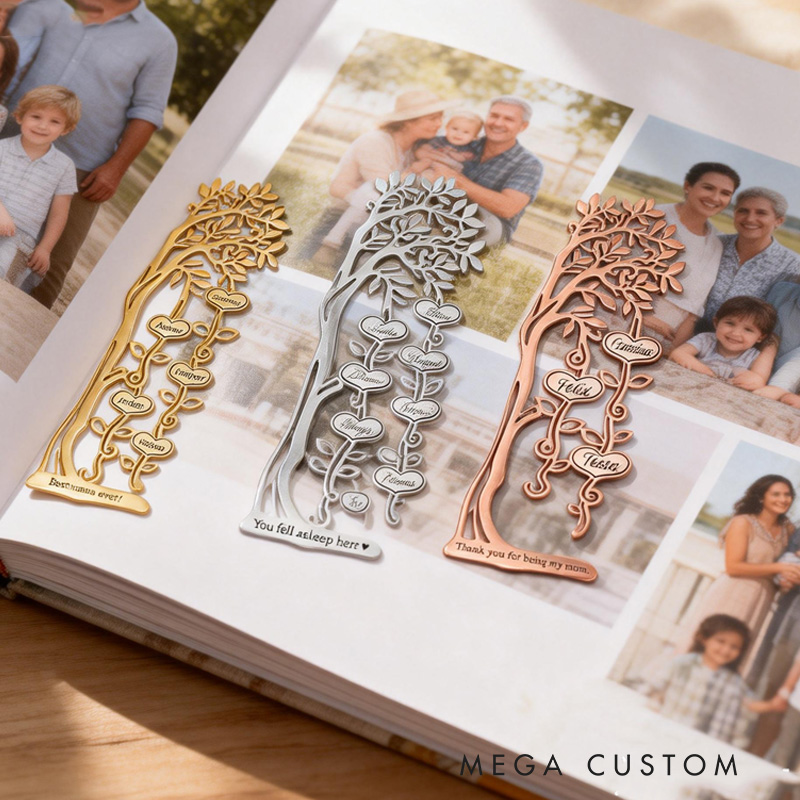 Personalized Family Tree Bookmark with 1-10 Names and Text Birthday Gift for Book Lover Reader Bookworm Bookish