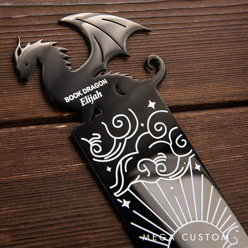 Personalized Book Dragon Sun Cloud Pattern Bookmark with Name and Text Birthday Gift for Book Lover Reader Bookworm Bookish