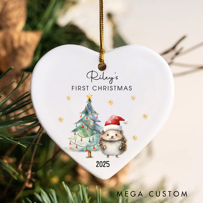 Personalized Hedgehog First Christmas Ornament Highlighting Festive Holiday Scene Christmas Ornament