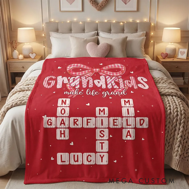 Personalized Grandkids Make Life Grand Blanket Preppy Valentine Pattern Crossword Puzzle Art Valentine's Day Gift for Grandma