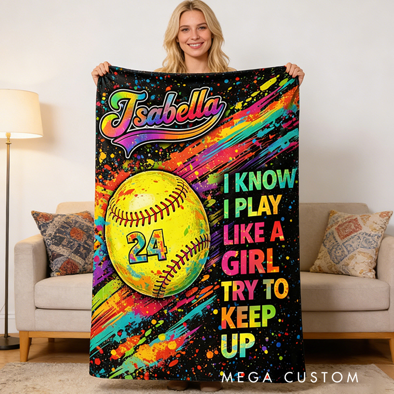 Personalized Softball Blanket with Custom Name and Jersey Number for Girls Who Love the Game