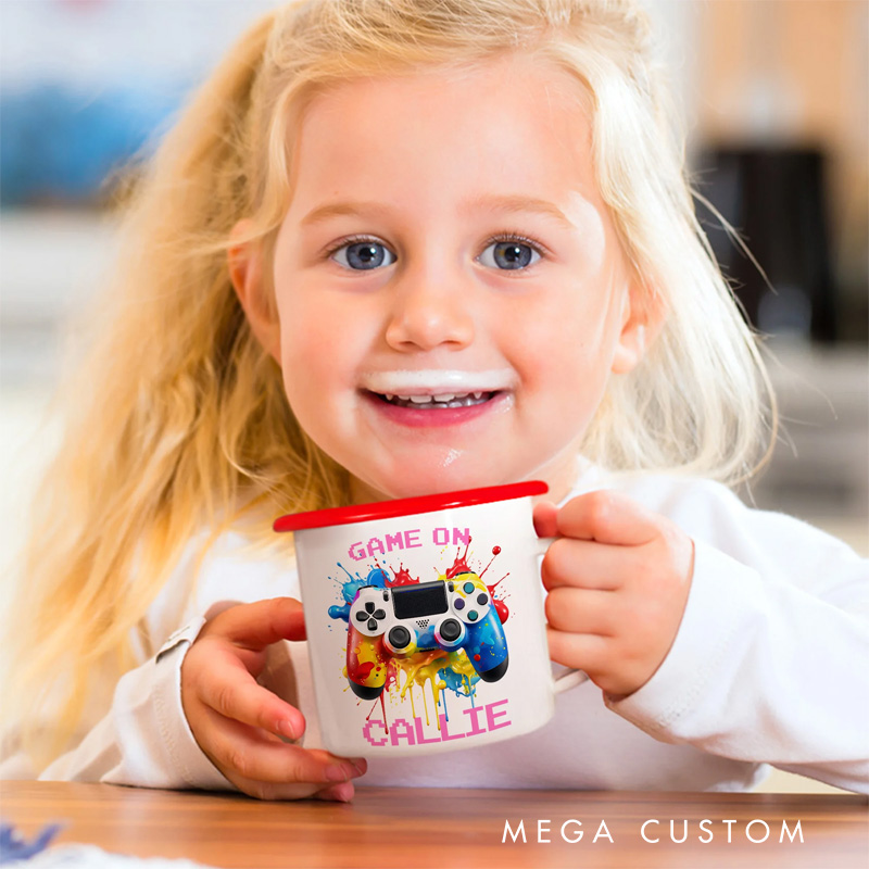 Personalized Watercor Ink Splash Controller 12oz Enamel Mug with Initial and Name Back to School Birthday Game Lover Gift for Kids