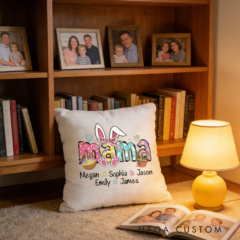 Personalized Mama Easter Pillow with Kids Names Custom Double Side Bunny Pillow Easter Gift for Mom Kids