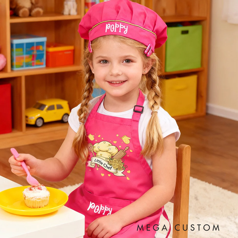 Personalized Little Chef Adjustable Kid Apron Chef Hat Set with Name and Pocket Cooking Accessory Birthday Valentine's Day Gift for Boys Girls