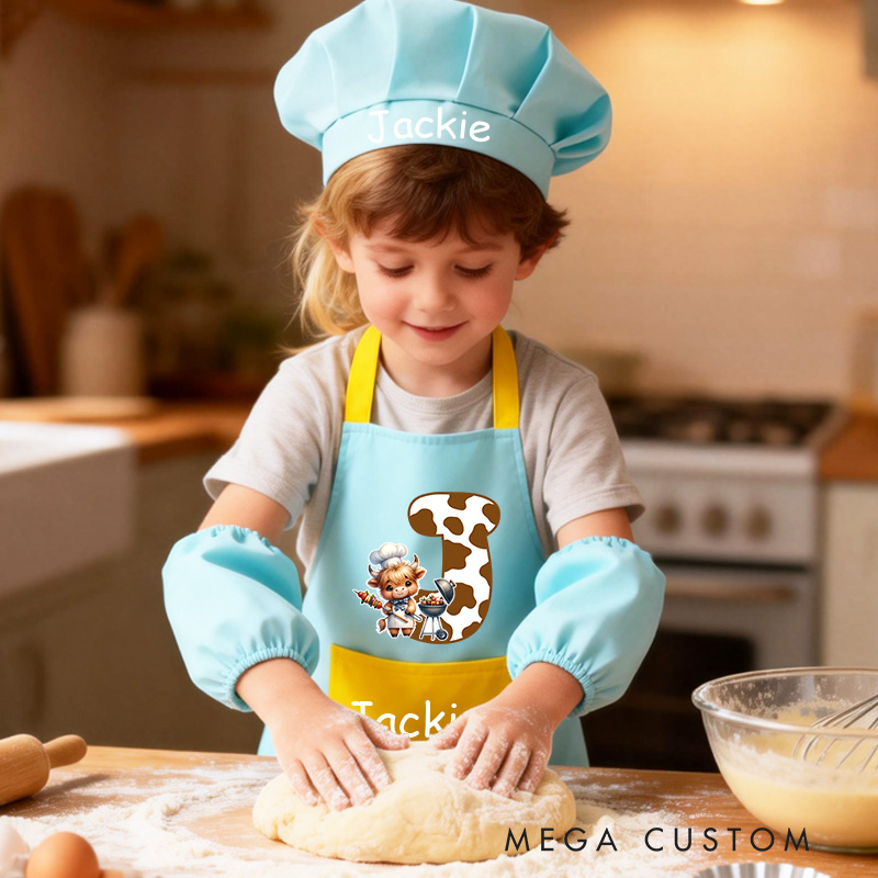 Personalized Highland Cow Kid Baking Apron with Name Initial Set of 3 Waterproof Apron with Hat Sleeve Birthday Gift for Kids