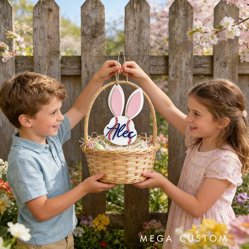Personalized Baseball Easter Basket Tag Custom Name Bunny Label Gift for Kids on Easter Day