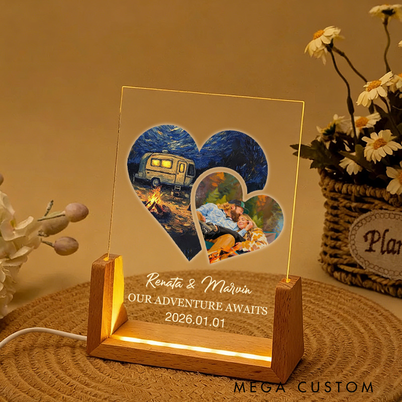 Personalized Outdoor Camping Coupler Photo Collage Night Light Custom Acrylic Lamp Gifts for Outdoor Adventure Couples
