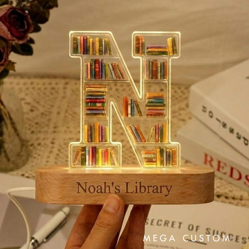 Personalized Initial Book Shelf LED Light Letter Bookcase Night Light with Name Library LED Lamp for Book Lover Bookworm Librarian Gift