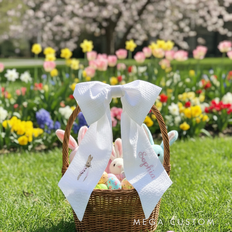Personalized Easter Basket Bow Custom Name Fabric Decoration for Kids' Holiday Baskets Perfect Easter, strollers, baby carriers, baby showers, wedding, gifts and more