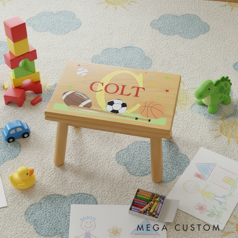 Personalized Sports-Themed Children's Step Stool  Custom Name Kids' Step Stool for Playroom and Decor