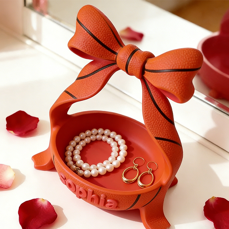 Personalized Bow Basketball Jewelry Holder with Custom Name and Bow Design for Girls and Teens 