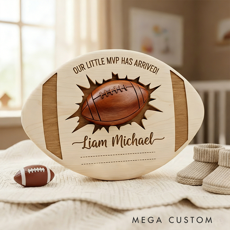 Personalized Football Themed Wooden Birth Announcement Sign Custom Engraved or DIY Fillable Keepsake for Newborns