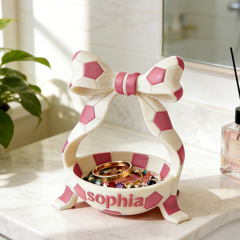 Personalized Soccer Jewelry Holder with Custom Name and Bow Design for Soccer Fans Girls 
