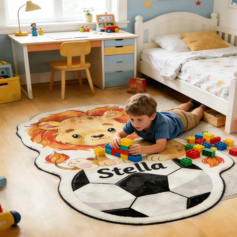 Personalized Lion and Soccer Ball Rug with Custom Name for Kids’ Rooms