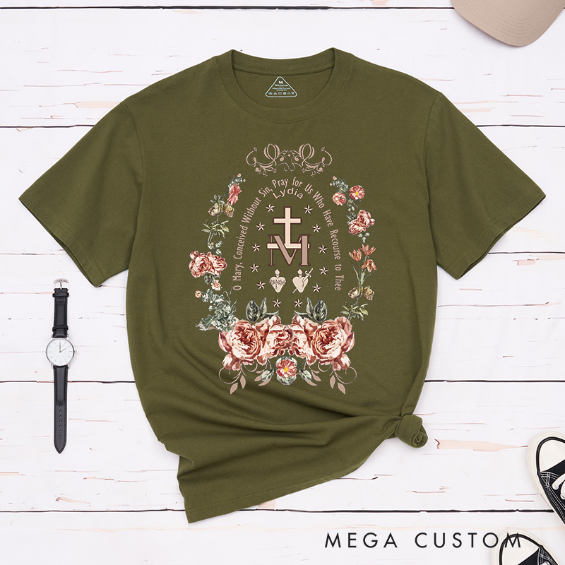 Personalized Virgin Mary Classic T-Shirt with Floral Wreath Cotton Shirt Catholic Gift Easter Christmas Gift for Women 
