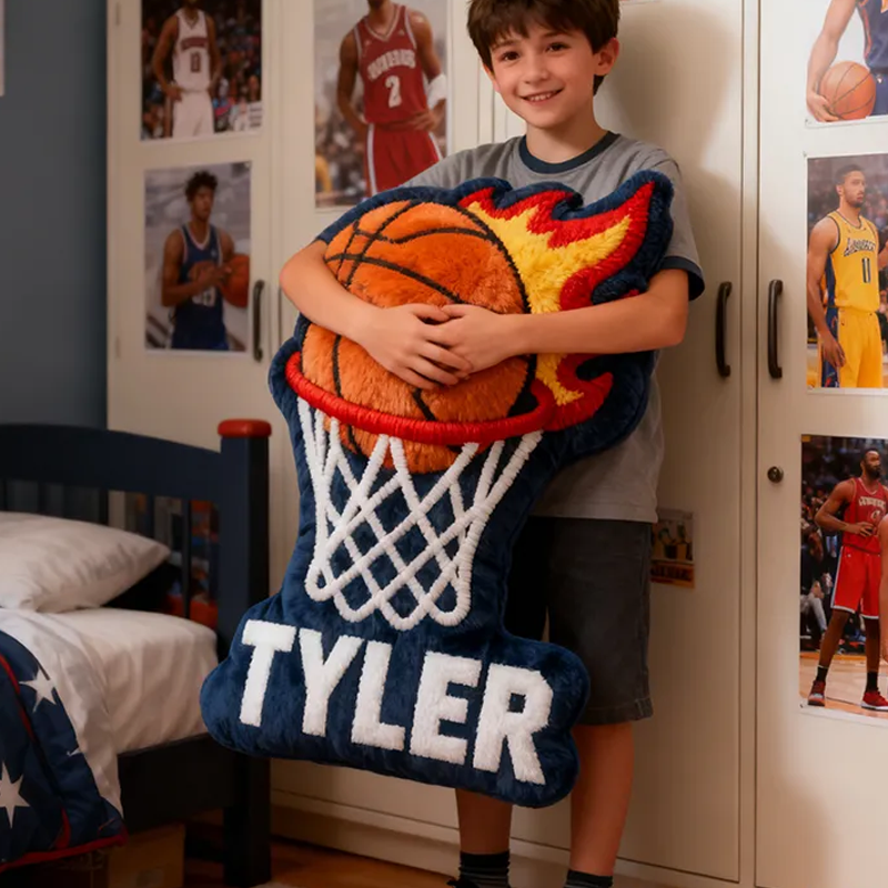 Personalized Basketball Flame Pillow with Custom Name and Bold Design for Basketball Enthusiasts