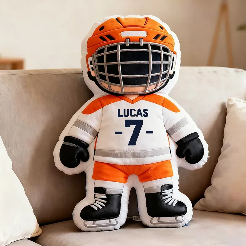 Personalized Cute Hockey Player Pillow with Custom Name and Number 