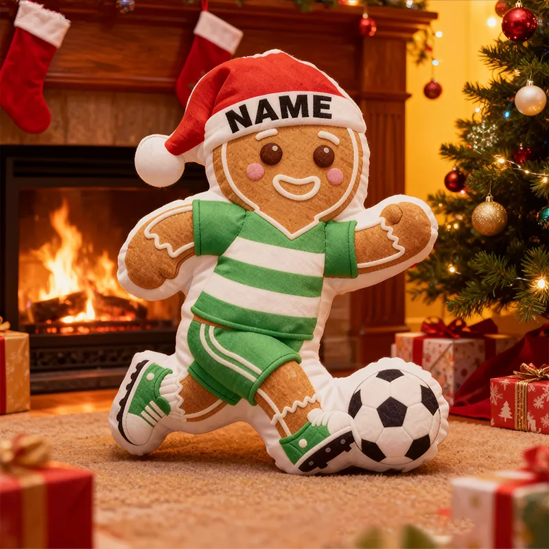 Personalized Gingerbread Soccer Player Pillow with Custom Name and Festive Design