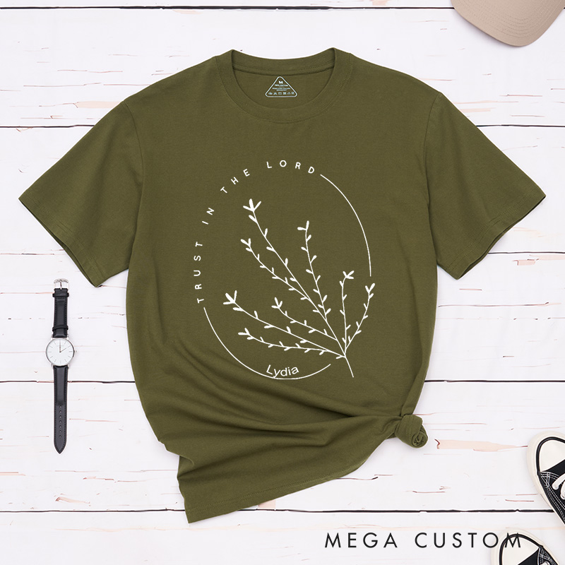 Personalized Trust in the Lord Classic T-Shirt with Delicate Branches Design Cotton Tee Sunday Church Shirt Easter Birthday Gift for Christians