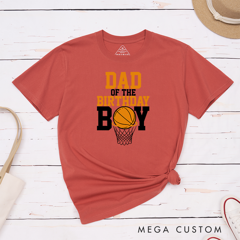 Personalized Family Basketball Birthday T-Shirts with Customizable Titles for Dad, Mom, Brother, Sister, and More Featuring Bold Typography and Basketball Hoop Graphic Design