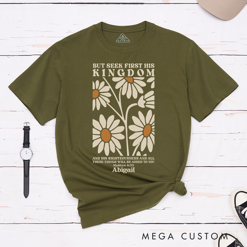 Personalized Matthew 6:33 Bible Verse Classic T-Shirt with Daisies Design Cotton Tee Religious Gift Easter Birthday Gift for Christian Girls