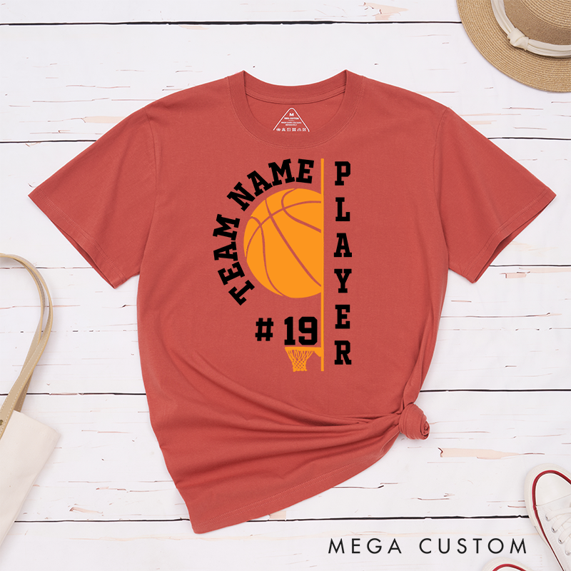 Personalized Basketball T-Shirt with Customizable Team Name, Player Name, Jersey Number, Bold Basketball Graphic, and Modern Vertical Typography Design