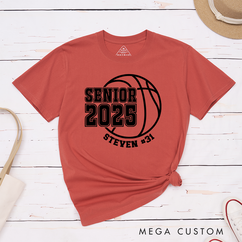 Personalized Senior 2025 Basketball T-Shirt with Custom Name and Jersey Number Featuring a Classic Basketball Graphic for a Trendy School Spirit Look