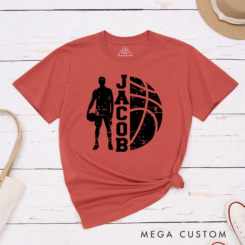 Personalized Basketball T-Shirt Design Featuring Player Silhouette Bold Basketball Graphic and Custom Name for Sports Fans