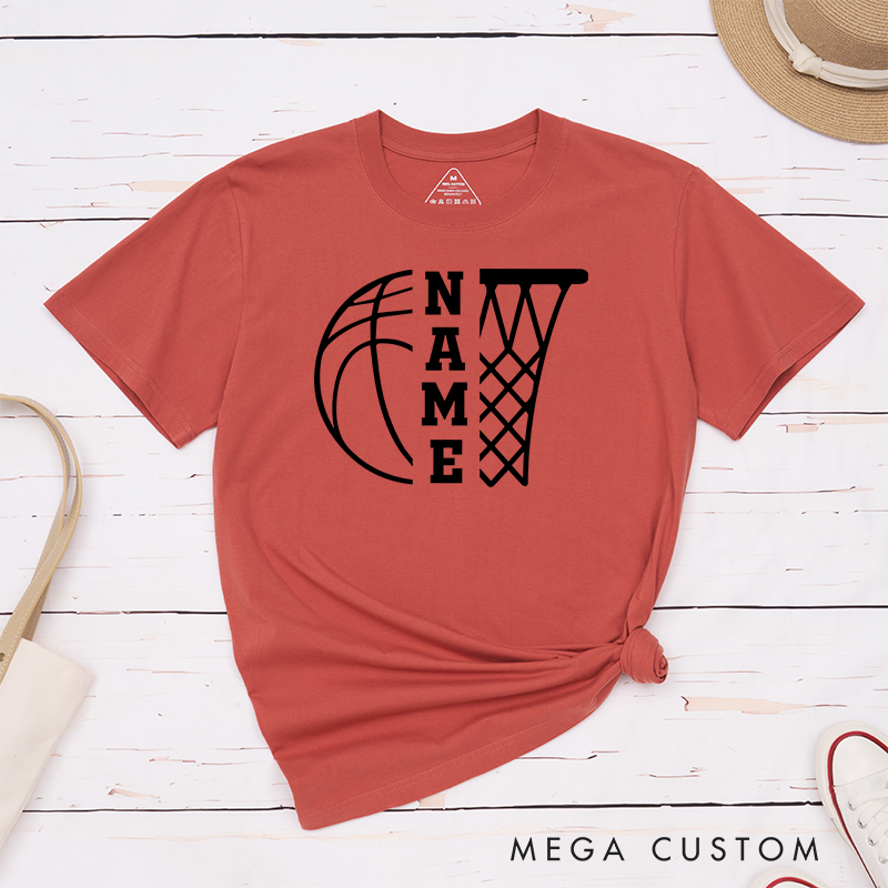 Personalized Basketball T-Shirt Design Featuring Basketball and Hoop Graphic with Vertical Customizable Name