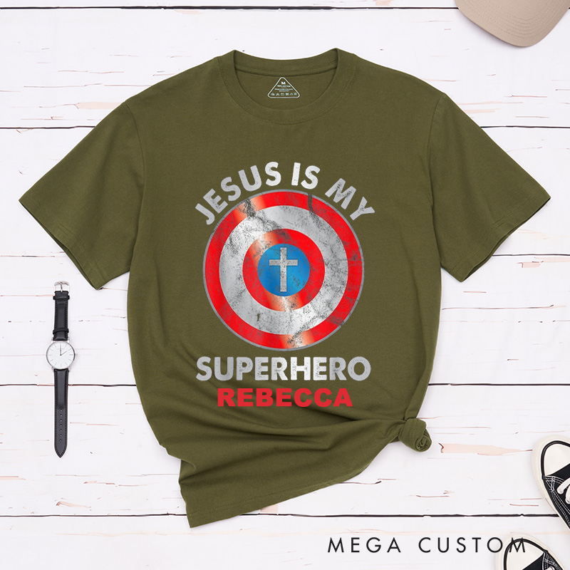 Personalized Jesus is My Superhero Cotton T-Shirt with Name Christian Unisex Classic T-Shirt Pastor Appreciation Gift Religious Gift for Jesus Lover
