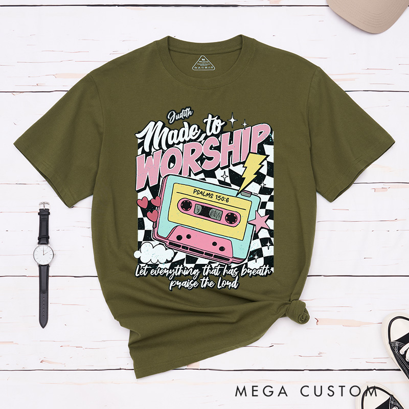 Personalized Made to Worship Cotton T-Shirt with Name Christian Psalm 150:6 Classic T-Shirt Retro Bible Verse Shirt Jesus Tee Christian Faith Gift