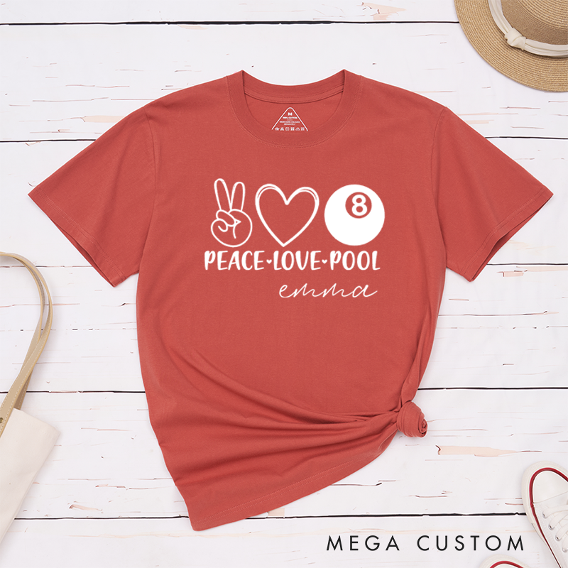 Personalized Peace Love Pool T-Shirts with Custom Your Name on the back - 8-ball Pool Team Shirt